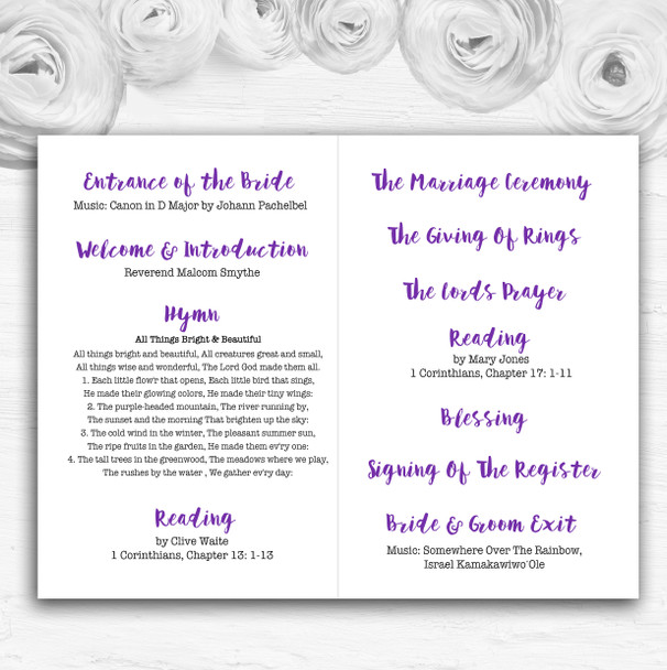 Cadbury Purple & White Watercolour Floral Wedding Double Cover Order Of Service