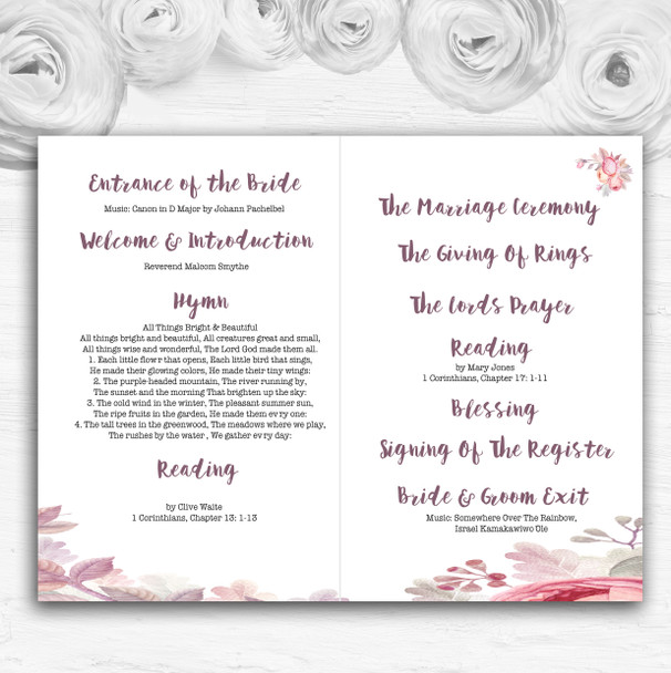 Beautiful Watercolour Floral Personalised Wedding Double Cover Order Of Service