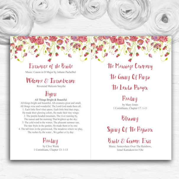 Plum Pink Watercolour Floral Personalised Wedding Double Cover Order Of Service