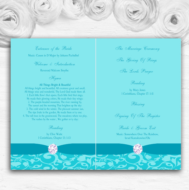 Blue Vintage Floral Damask Diamante Wedding Double Sided Cover Order Of Service