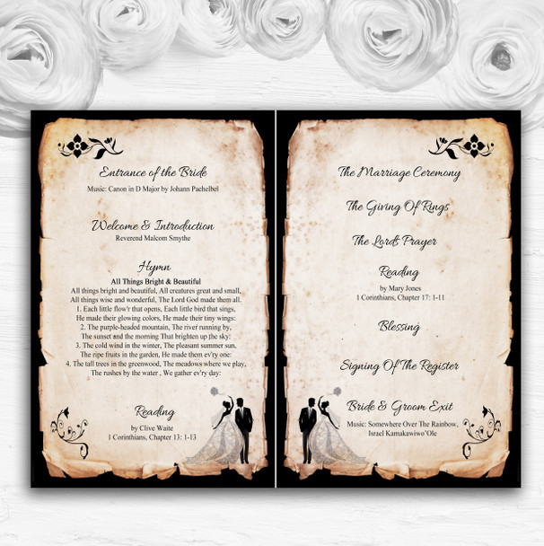 Black White Vintage Rustic Postcard Wedding Double Sided Cover Order Of Service