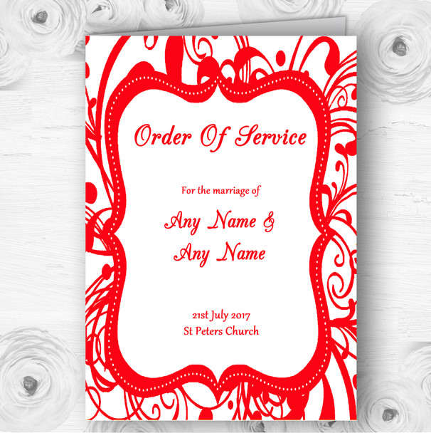 White & Red Swirl Deco Personalised Wedding Double Sided Cover Order Of Service