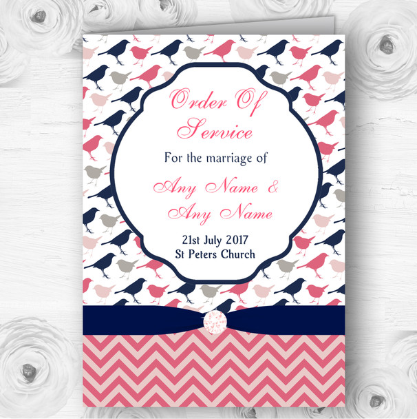 Coral Pink & Navy Blue Shabby Chic Birds Wedding Double Cover Order Of Service