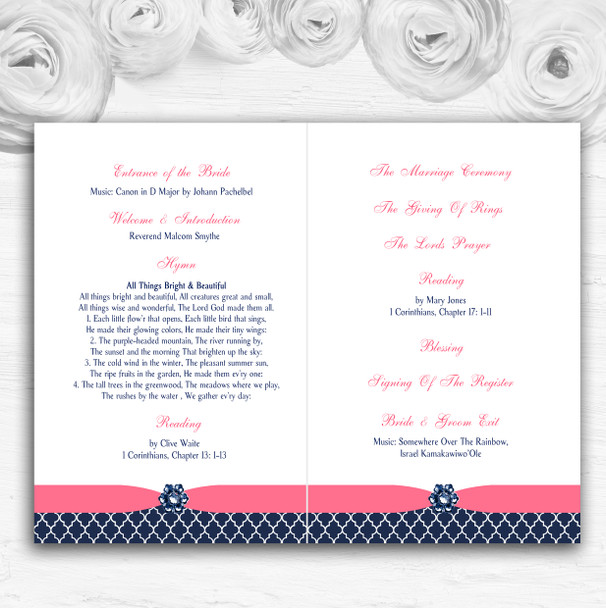 Navy Blue & Coral Pink Shabby Chic Birds Wedding Double Cover Order Of Service