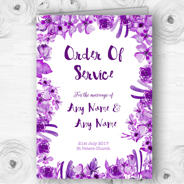 Watercolour Indigo Cadbury Purple Floral Wedding Double Cover Order Of Service