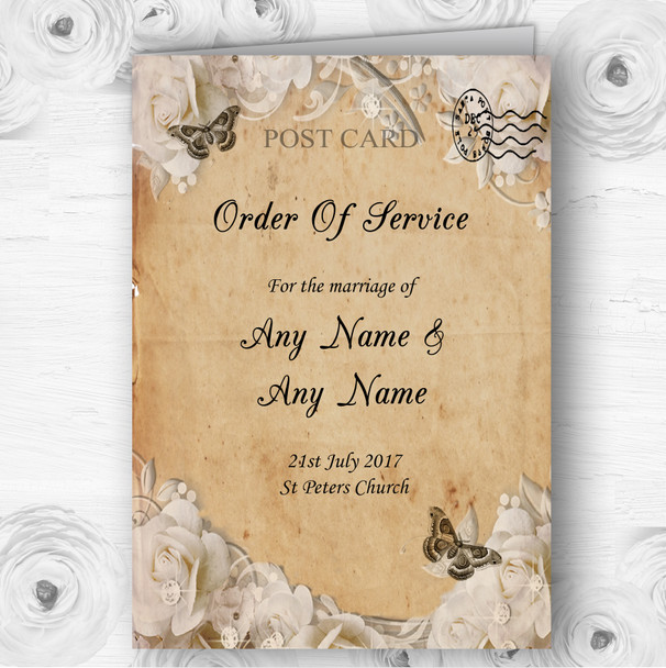 White Roses Vintage Shabby Chic Postcard Wedding Double Cover Order Of Service