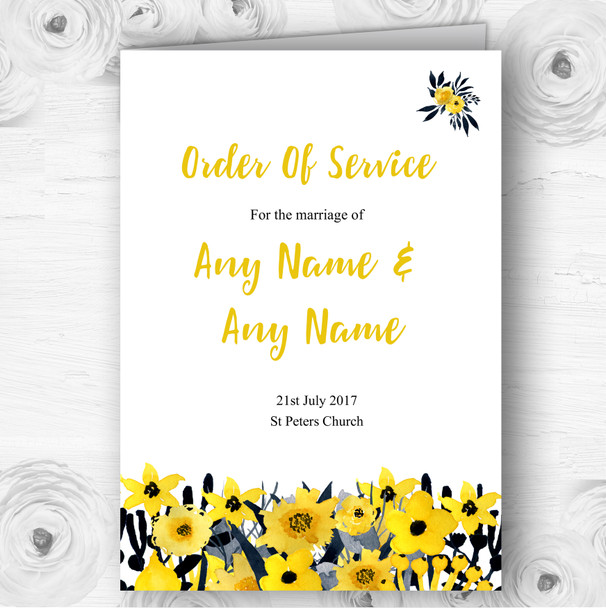 Black & Yellow Watercolour Flowers Wedding Double Sided Cover Order Of Service