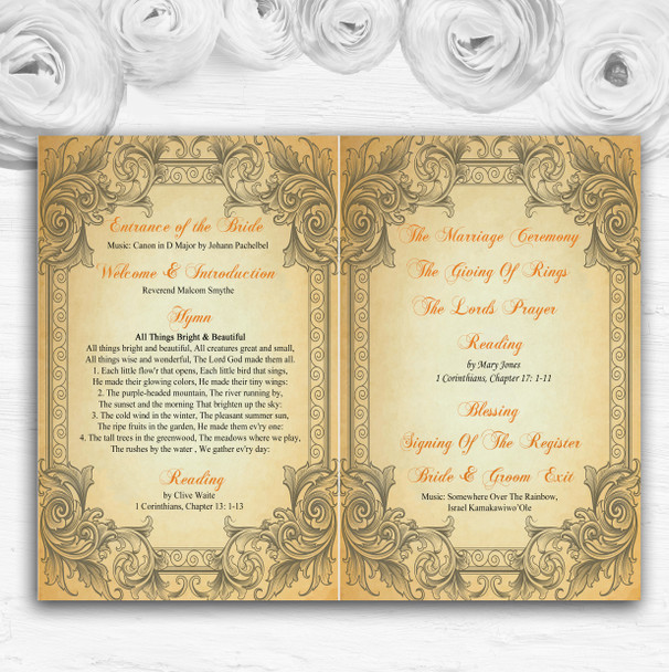 Typography Vintage Orange Postcard Wedding Double Sided Cover Order Of Service