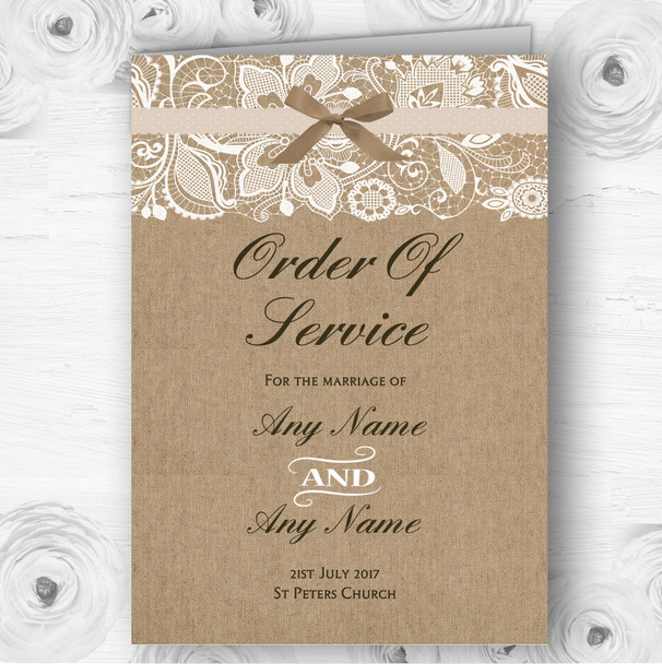 Vintage Burlap & Lace Personalised Wedding Double Sided Cover Order Of Service