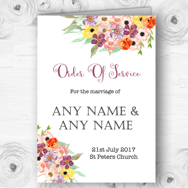 Floral Watercolour Bouquet Personalised Wedding Double Cover Order Of Service