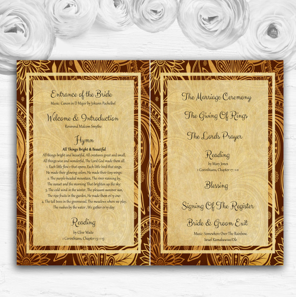 Vintage Brown Gold Postcard Style Wedding Double Sided Cover Order Of Service