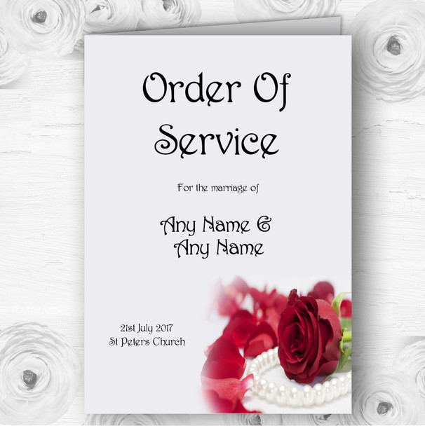 White Pearl Red Rose Personalised Wedding Double Sided Cover Order Of Service