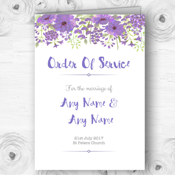 Watercolour Floral Purple Personalised Wedding Double Cover Order Of Service