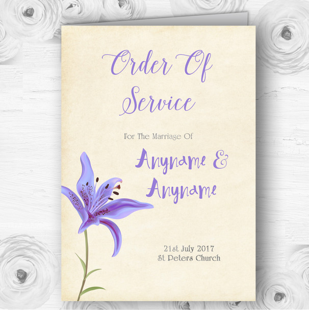 Purple Lily Vintage Personalised Wedding Double Sided Cover Order Of Service
