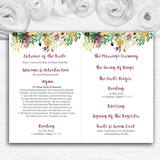 Autumn Plum Watercolour Floral Header Wedding Double Cover Order Of Service