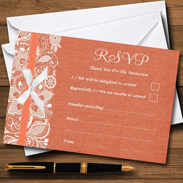 Vintage Coral Burlap & Lace RSVP Cards