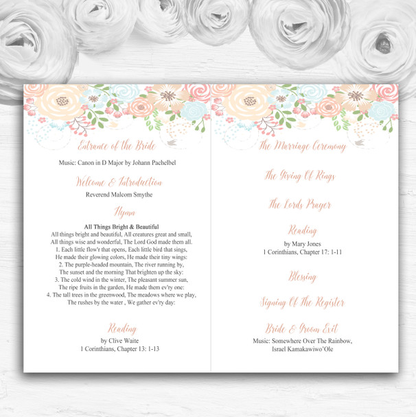 Coral Peach & Blue Watercolour Floral Header Wedding Cover Order Of Service