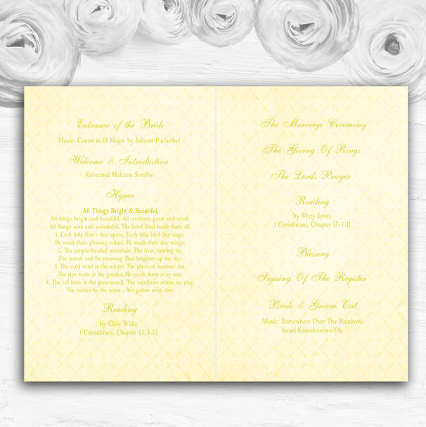 Pretty Floral Vintage Bow & Diamante Yellow Wedding Cover Order Of Service