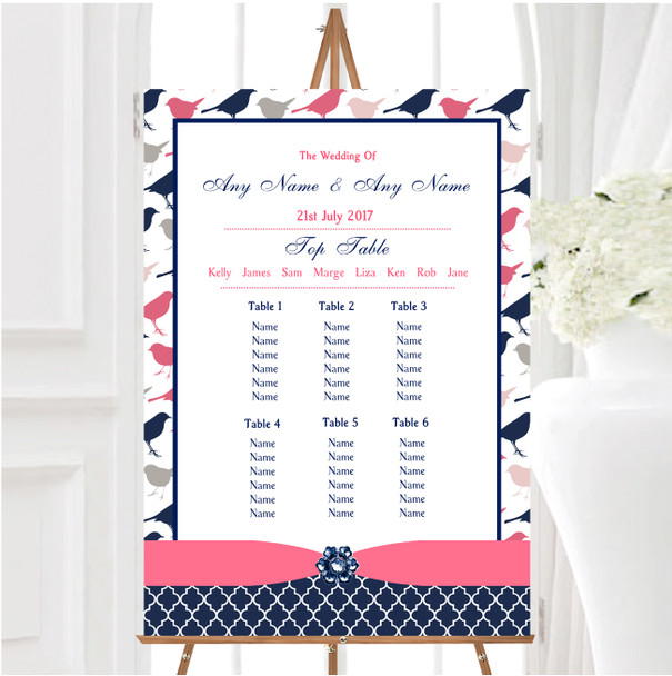 Navy Blue & Coral Pink Shabby Chic Birds Personalised Wedding Seating Table Plan