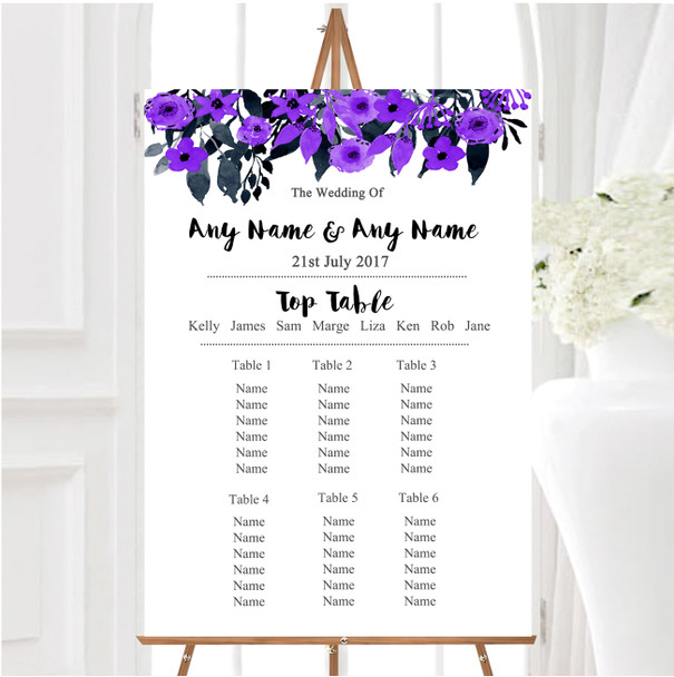 Watercolour Black & Purple Floral Header Personalised Wedding Seating Table Plan