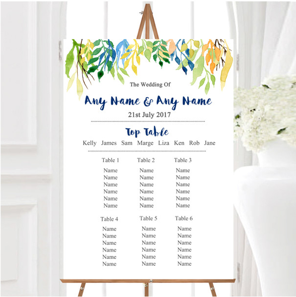 Autumn Leaves Watercolour Floral Header Personalised Wedding Seating Table Plan