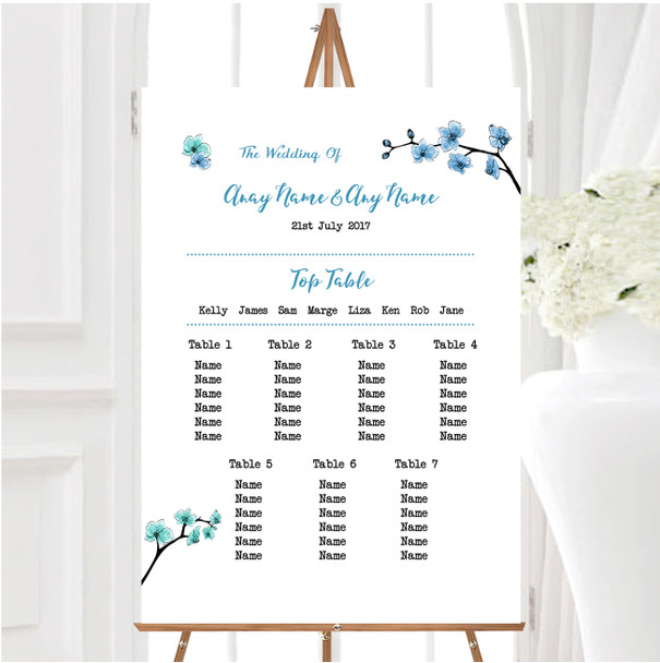 Blue & Green Cherry Blossom Watercolour Personalised Wedding Seating Table Plan