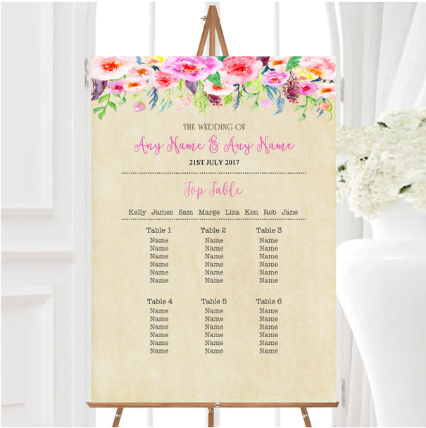 Vintage Pink Spring Flowers Watercolour Personalised Wedding Seating Table Plan