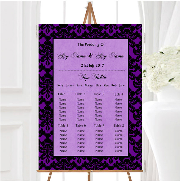 Cadbury Purple Black Damask & Diamond Personalised Wedding Seating Table Plan