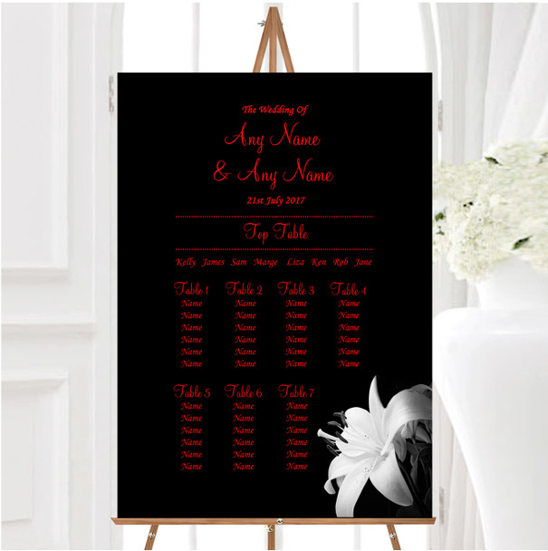 Stunning Lily Flower Black White Red Personalised Wedding Seating Table Plan