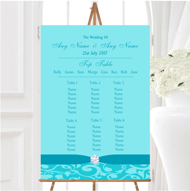 Blue Vintage Floral Damask Diamante Personalised Wedding Seating Table Plan