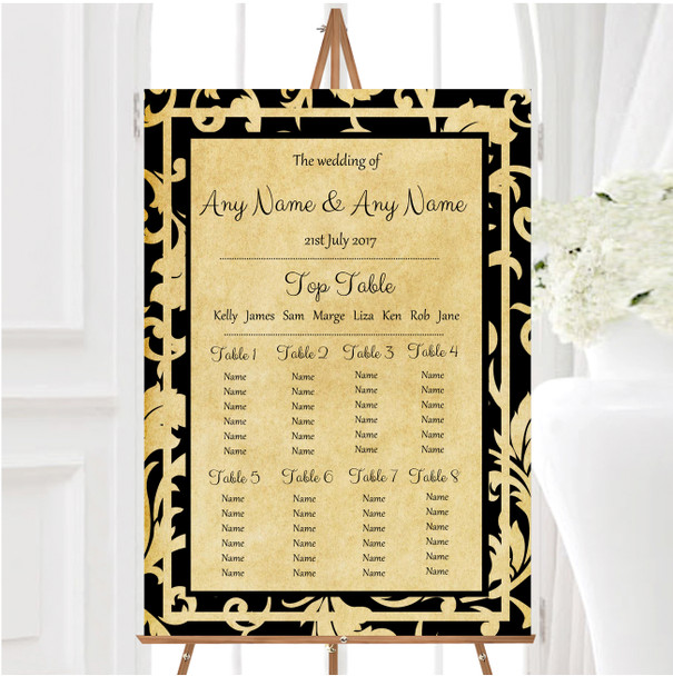 Vintage Black Damask Postcard Style Personalised Wedding Seating Table Plan