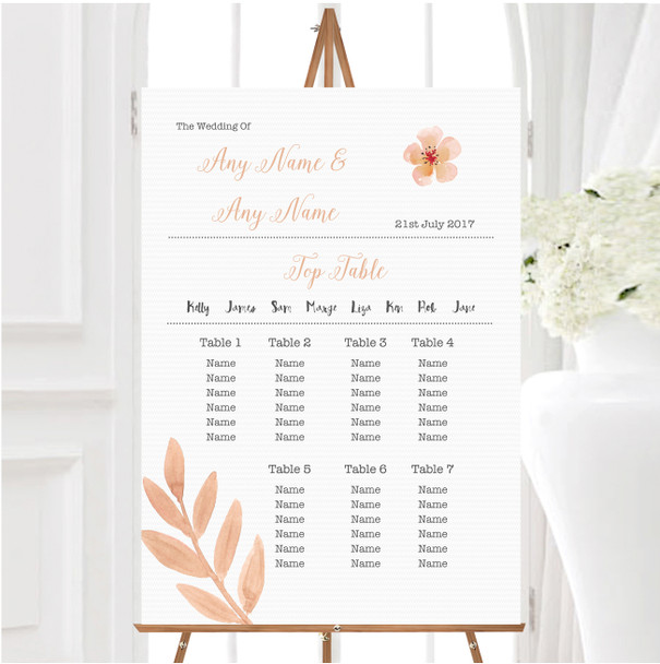 Watercolour Subtle Coral Pink Peach Personalised Wedding Seating Table Plan