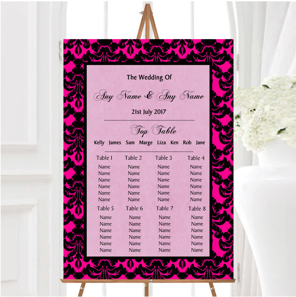 Bright Pink Black Damask & Diamond Personalised Wedding Seating Table Plan