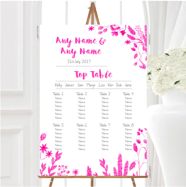 Hot Pink Autumn Leaves Watercolour Personalised Wedding Seating Table Plan