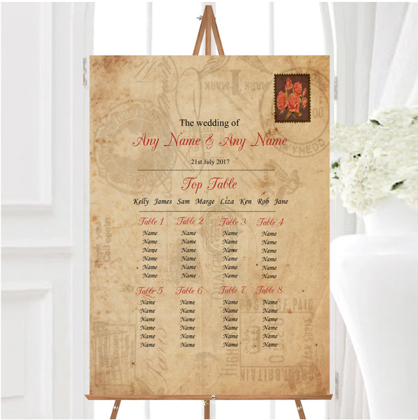 Shabby Chic Vintage Postcard Rustic Rose Stamp Wedding Seating Table Plan