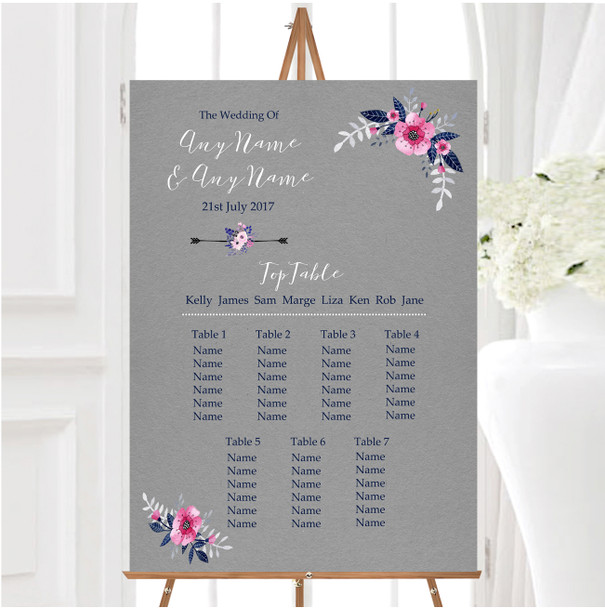 Rustic Vintage Watercolour Navy Blue & Silver Wedding Seating Table Plan