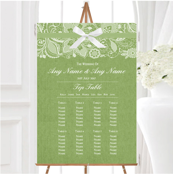 Vintage Sage Green Burlap & Lace Personalised Wedding Seating Table Plan
