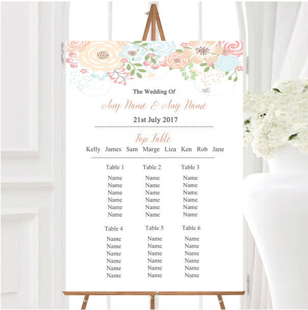 Coral Peach & Blue Watercolour Floral Header Wedding Seating Table Plan