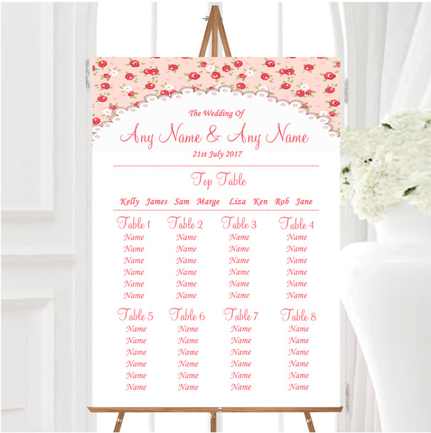 Red And Coral Pink Floral Shabby Chic Chintz Wedding Seating Table Plan