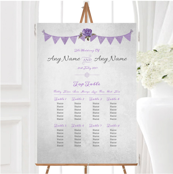 Vintage Rustic Style Bunting Purple & Silver Wedding Seating Table Plan