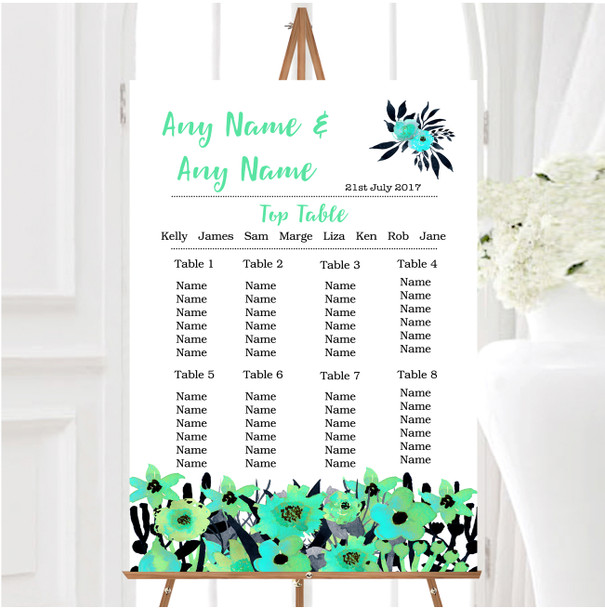 Black & Aqua Mint Green Watercolour Flowers Wedding Seating Table Plan