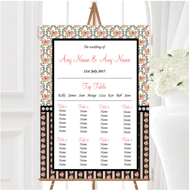 Black And Pink Shabby Chic Rose Tea Stripes Wedding Seating Table Plan