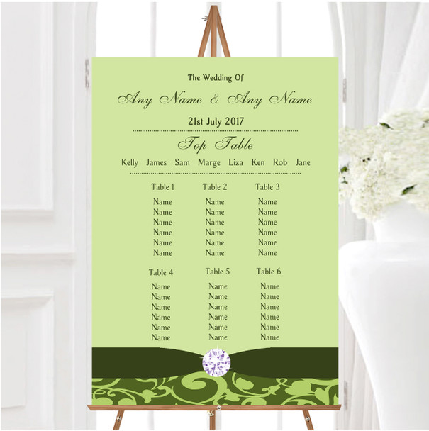 Olive Green Vintage Floral Damask Diamante Wedding Seating Table Plan