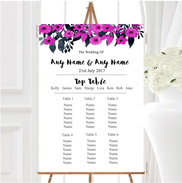 Watercolour Black & Hot Pink Floral Header Wedding Seating Table Plan