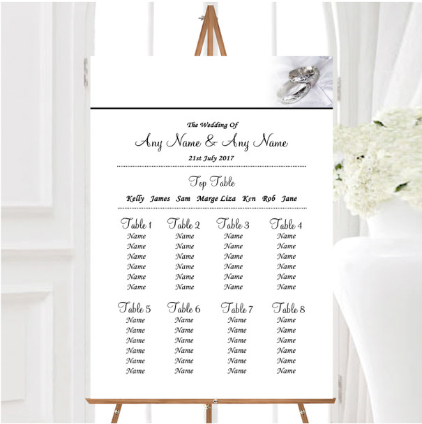 Classy White And Silver Rings Personalised Wedding Seating Table Plan