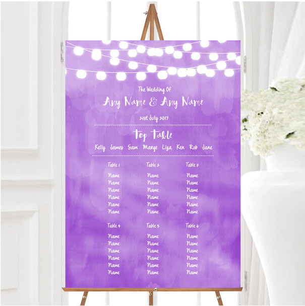 Purple and Lights Watercolour Personalised Wedding Seating Table Plan