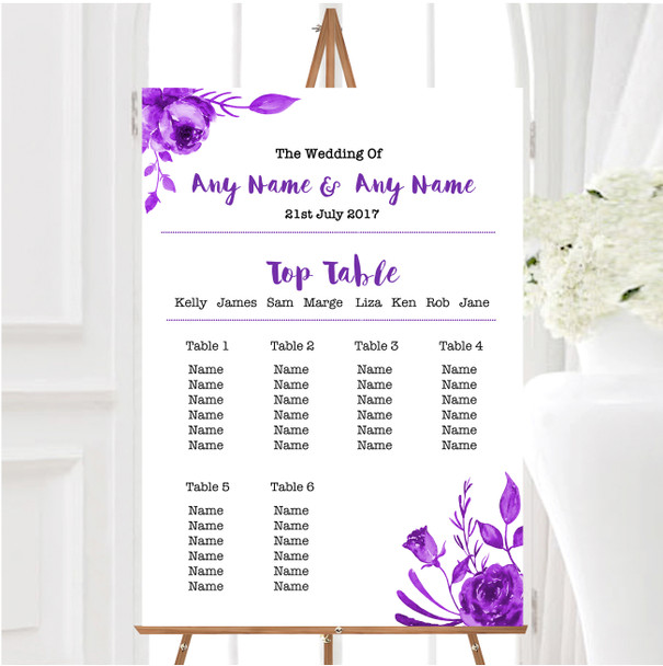 Cadbury Purple & White Watercolour Floral Wedding Seating Table Plan