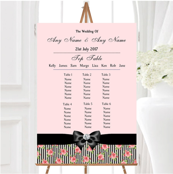Coral Pink Rose Shabby Chic Black Stripes Wedding Seating Table Plan