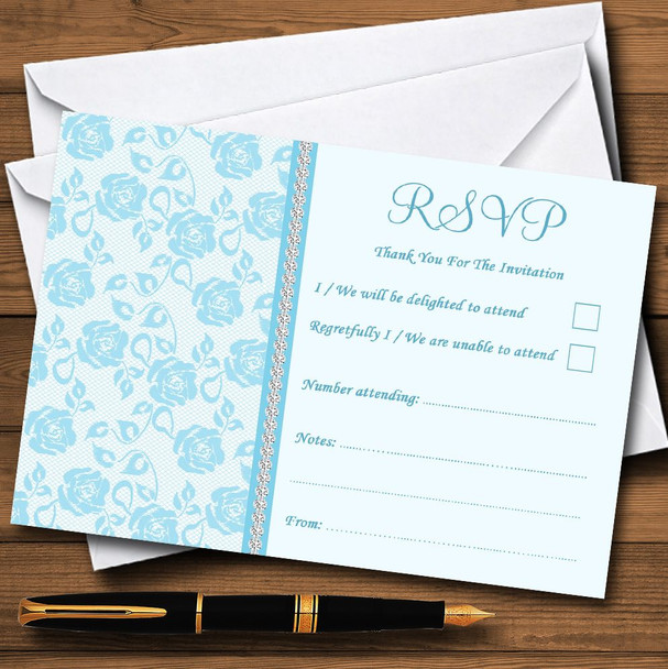 Pretty Sky Blue Floral Diamante RSVP Cards