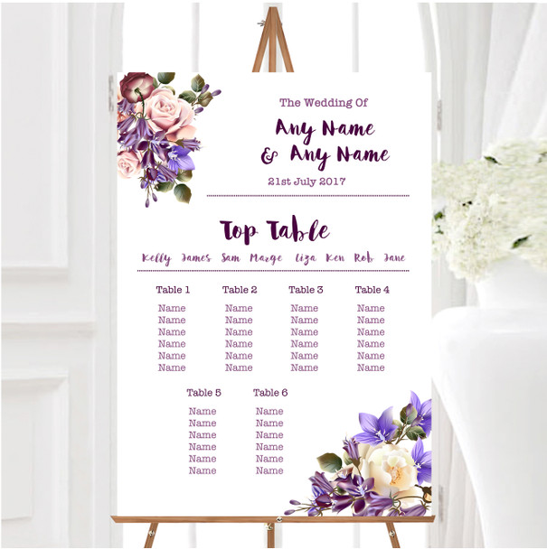 White Lilac & Blush Pink Watercolour Rose Wedding Seating Table Plan